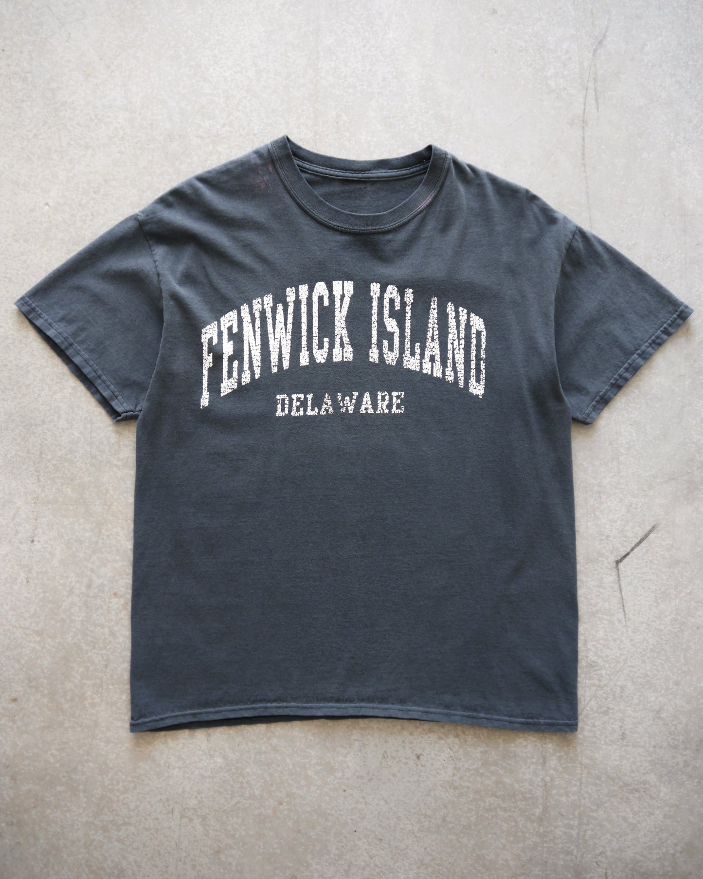 2000s “Fenwick Island” Cracked Print Faded Charcoal Tee (M)