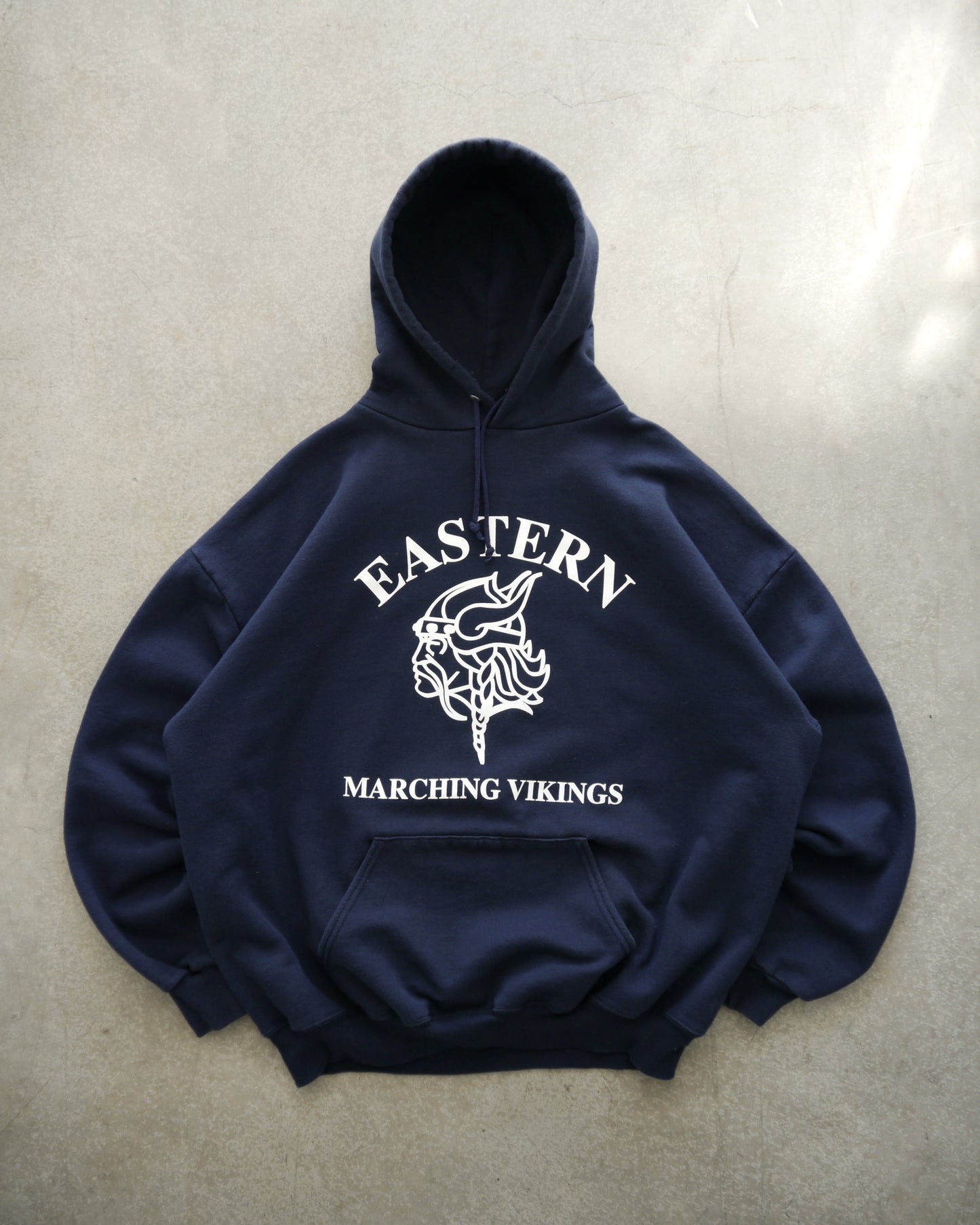 90s “Marching Vikings” Boxy Navy Hoodie (XL)
